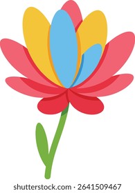 This vector illustration shows a colorful flower with red, yellow, and blue petals and a green stem. The design is simple and bright, conveying a cheerful mood.