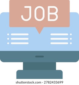 This vector illustration shows a computer monitor displaying job listings, symbolizing online job searching and recruitment. The stylized design with a speech bubble and minimalist icons makes it ideal for digital content related to employment and career opportunities.