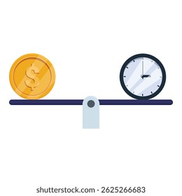 Diese Vektorgrafik zeigt das Konzept, wie Zeit und Geld auf einer Wippe ausgeglichen werden