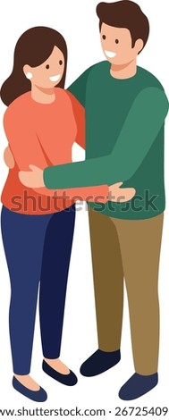 This vector illustration shows a couple embracing warmly, dressed in casual cozy clothing with earthy tones. The scene conveys affection and comfort in a simple setting. Warm atmosphere.