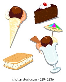 	 This vector illustration shows a cup ice cream, a cone for a walk, an ice cream with biscuit and a slice of cake