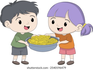 This vector illustration shows a cute boy and girl mascot happily holding a large bowl filled with ramen noodles, symbolizing joy and friendship