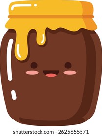 This vector illustration shows a cute honey jar with golden honey dripping from the top and a smiling face, creating a cheerful and friendly mood.