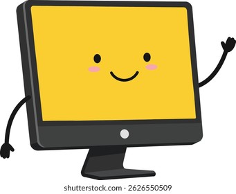 This vector illustration shows a cute desktop computer monitor with a happy smiling face and waving hand in a simple style, creating a cheerful and playful mood.