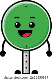 Esta ilustração vetorial mostra um personagem bonito sinal de trânsito verde com um rosto sorridente, braços e pernas, expressando felicidade e simpatia em um estilo simples. Humor alegre.