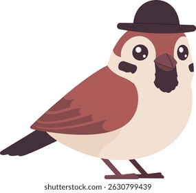 Esta ilustração vetorial mostra um pássaro pardal bonito vestindo um chapéu de arremessador, de pé calmamente com um fundo branco simples, criando um humor lúdico e encantador.