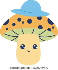 This vector illustration shows a cute cartoon mushroom with a blue hat and an orange spotted cap. It has a smiling face and a friendly appearance, playful mood.