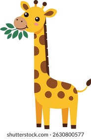 Esta Ilustración vectorial muestra una jirafa linda con manchas amarillas y marrones comiendo hojas verdes. El diseño es simple y colorido, perfecto para proyectos infantiles. Sentimiento alegre.