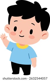 This vector illustration shows a cute little boy smiling and waving his hand wearing a blue shirt and black pants. The image is cheerful and friendly.