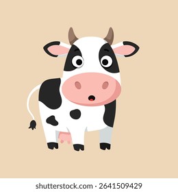 This vector illustration shows a cute cartoon cow with black spots and pink muzzle standing on a beige background, capturing a playful and charming farm animal mood.