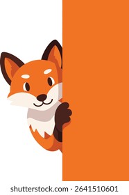 This vector illustration shows a cute fox peeking from behind an orange blank board. The bright colors and playful pose create a cheerful and friendly mood.