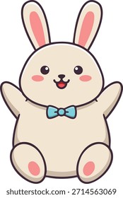 This vector illustration shows a cute bunny with a blue bowtie smiling happily. The cartoon style makes it perfect for childrens products and baby-themed designs. Cheerful mood.