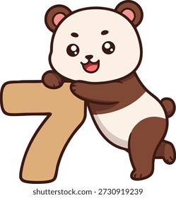 Diese Vektorgrafik zeigt einen süßen Pandabären, der die Nummer sieben umarmt und im Cartoonstil für Kinder entworfen wurde, um Kinder zu erziehen und eine spielerische und fröhliche Stimmung zu vermitteln.