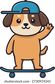 Esta Ilustración vectorial muestra a un lindo perro montando en monopatín mientras lleva una gorra azul y agita su pata, transmitiendo un sentimiento alegre y juguetón.