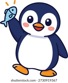 This vector illustration shows a cute penguin holding a small blue fish with an excited expression, featuring bold lines and bright colors in a joyful, playful mood.