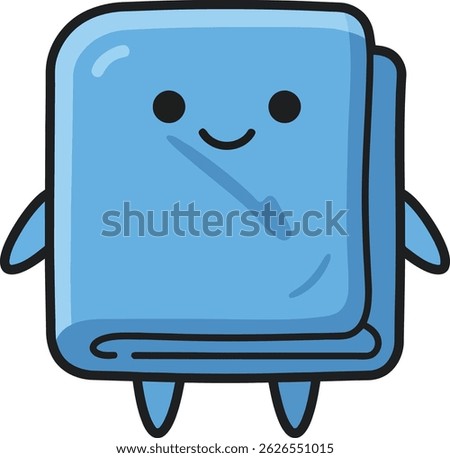 This vector illustration shows a cute blue book character with a smiling face, small arms, and legs. The image has a playful and friendly mood.