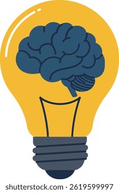 This vector illustration shows a dark blue brain inside a yellow light bulb symbolizing creativity and intelligence. The design is simple and modern with flat colors, inspiring.