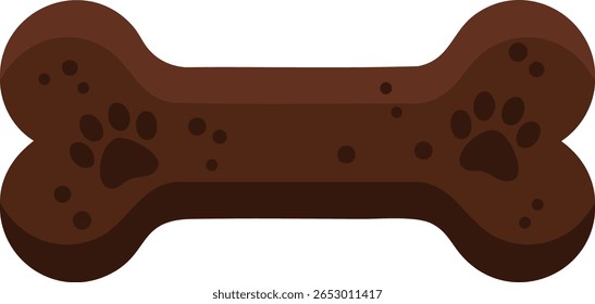 This vector illustration shows a dark brown dog bone treat with paw prints, designed for pet care and animal snack themes in a clean, simple style, conveying friendly mood.