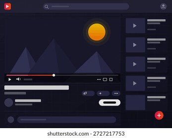 Esta ilustração vetorial mostra uma interface de reprodutor de vídeo com tema escuro, apresentando montanhas e um sol. Ideal para projetos relacionados a tecnologia, mídia e design.