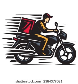 This vector illustration shows a delivery man riding a motorcycle with a package on the back.