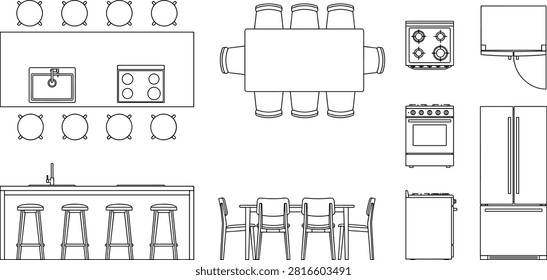 This vector illustration shows detailed top and side views of kitchen furniture and appliances, including dining tables, chairs, stoves, refrigerators, and a kitchen island with stools. Perfect for architectural plans, interior design projects, and home layout visualizations.