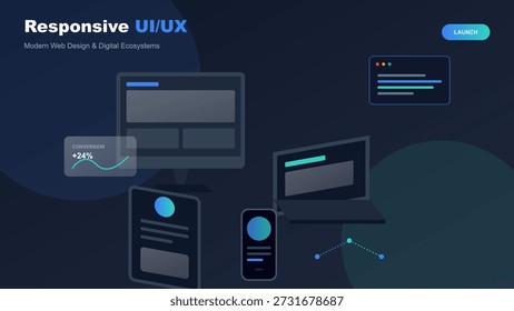 Esta ilustração vetorial mostra diferentes telas e elementos de interface do usuário que demonstram design da Web responsivo. O layout inclui dispositivos como laptops e telefones celulares, destacando os principais recursos de design.