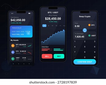 This vector illustration shows a digital wallet application interface for tracking cryptocurrency balances, market prices, and swapping assets like BTC and USDT.