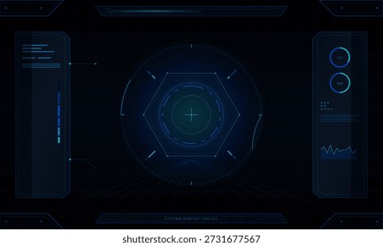 Esta Ilustración vectorial muestra una interfaz digital con Formas hexagonales y Elementos gráficos. Está diseñado para fines de monitoreo del sistema y visualización de datos.