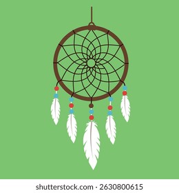 Esta ilustração vetorial mostra um caçador de sonhos com penas brancas e contas coloridas penduradas em um quadro circular marrom em um fundo verde brilhante, criando um humor calmo e espiritual.