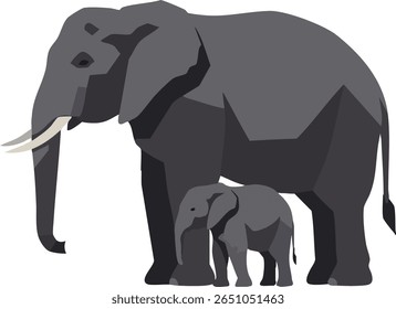 Esta ilustração vetorial mostra uma mãe elefante andando com seu bebê em um estilo geométrico mínimo, capturando seu vínculo e natureza gentil em um humor calmo.