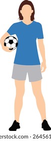 This vector illustration shows a faceless female soccer player in a blue shirt and gray shorts. She is holding a soccer ball, appearing ready for the game. 