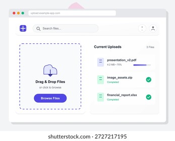 This vector illustration shows a file upload interface with option to drag and drop files. It includes visuals of file types being uploaded to enhance user experience.
