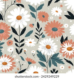 This vector illustration shows a floral pattern on a light gray background. The illustration shows various flowers, including large white daisies with yellow centers and pink flowers.