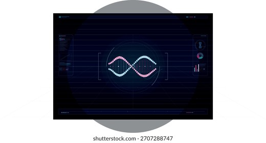 Esta Ilustración vectorial muestra una interfaz de análisis genético futurista en una pantalla oscura. Una hélice de ADN brillante se centra entre varios paneles de datos y gráficos.