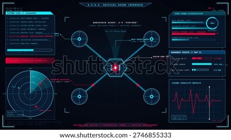 This vector illustration shows a futuristic tactical drone interface with a heads-up display including radar, system logs, and power metrics for a high-tech aesthetic.