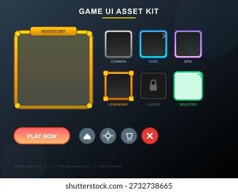 Esta Ilustración vectorial muestra un kit de activos de interfaz de usuario de juego. Incluye varios marcos de inventario, Botones e íconos diseñados para funciones de juego interactivo.
