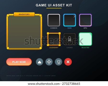 This vector illustration shows a game user interface asset kit. It includes various inventory frames, buttons, and icons designed for interactive game features.