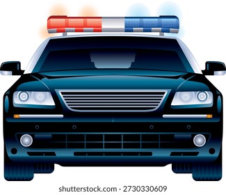 Esta Ilustración vectorial muestra un coche de policía genérico visto desde el frente, con un cuerpo de color oscuro y una barra de luz roja y azul en el techo. Las luces de emergencia intermitentes indican una respuesta activa o una situación de patrulla. El diseño simple y universal lo hace adecuado para la aplicación de la ley, emergencia, seguridad y conceptos visuales relacionados con el crimen.
