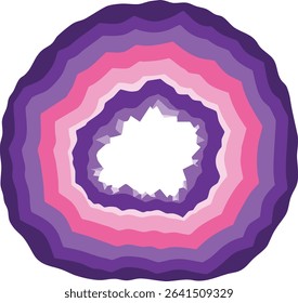 This vector illustration shows a geode rock crystal cross section with concentric purple and pink layers in a natural, abstract style, evoking calm and intrigue.