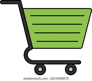 Esta Ilustración vectorial muestra un Carrito de compras verde con un contorno negro. Está diseñado para el comercio electrónico y los usos minoristas, transmitiendo la actividad comercial y de consumo en un estilo moderno. Sentimiento positivo.