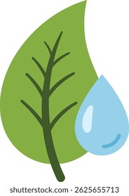 This vector illustration shows a green leaf with a blue water drop symbolizing nature and environmental care. The simple design conveys eco-friendly and sustainability themes in a clear, calm mood.