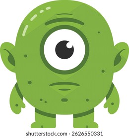 This vector illustration shows a green cartoon monster with one large eye, round head, and small arms and legs standing still in a neutral pose, creating a playful mood.