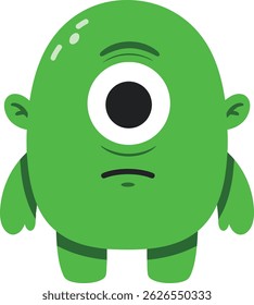 This vector illustration shows a green one-eyed monster with small ears and simple limbs, standing against a white background. The design is playful and minimalistic, conveying a friendly mood.