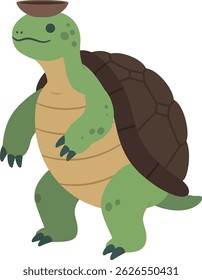 This vector illustration shows a green turtle standing upright balancing a brown bowl on its head in a flat style, creating a calm and whimsical mood.
