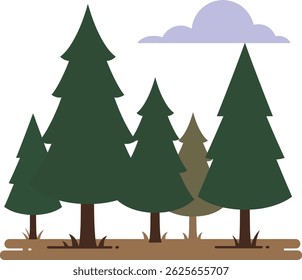 This vector illustration shows a group of green pine trees with brown trunks and a small purple cloud in the background on a white backdrop. The style is clean and simple, peaceful.