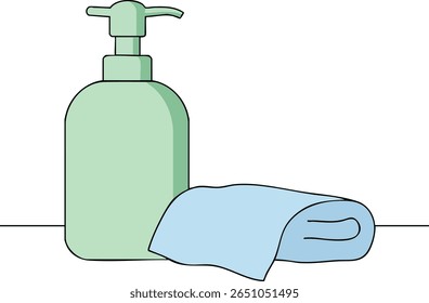 This vector illustration shows a hand soap dispenser and a blue towel placed on a surface, emphasizing cleanliness and hygiene in everyday routines. Calm and simple.