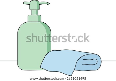 This vector illustration shows a hand soap dispenser and a blue towel placed on a surface, emphasizing cleanliness and hygiene in everyday routines. Calm and simple.