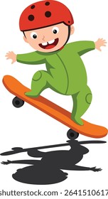 This vector illustration shows a happy child skateboarding on an orange board wearing a red helmet and green outfit, casting a shadow on the ground, energetic and playful mood.