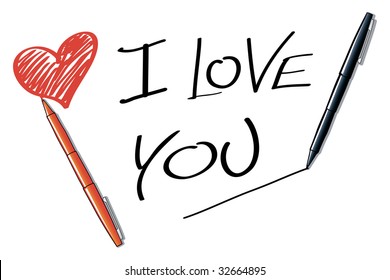 	 This vector illustration shows a heart, the words "I love you" and two markers and write all