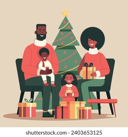 This vector illustration shows how a family celebrates Christmas together. In the picture, four people in red sweaters sit around a decorated Christmas tree.